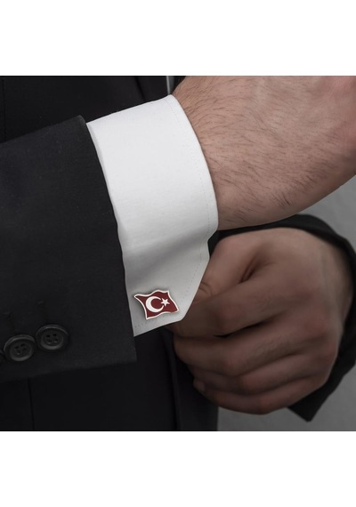 Türk Bayrağı Mineli Gümüş Kol Düğmesi