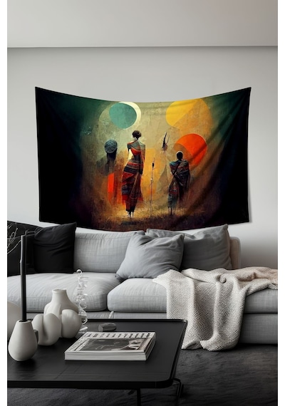 Renkli Silüetler Desenli Duvar Halısı Duvar Örtüsü Tapestry Süet Dokulu Kumaş