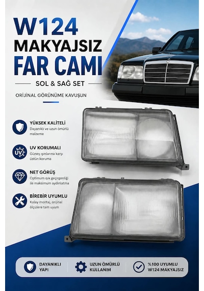 Mercedes W124 Makyajsız Far Cam Takımı Sağ-sol - Çerçeveli Takım