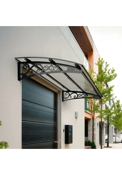SundurmaX Pratik Metal Sundurma 120x100 Lale Serisi Kapı Üstü Sundurma Siyah - Şeffaf