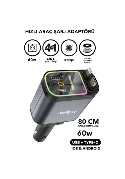 60 Watt Araç İçi Çakmaklık Süper Fast 4 Cihazı Aynı Anda Hızlı Şarj Led Tavan Aydınlatma 3.4a