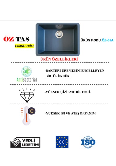 Öztaş ÖZ-43a Granit Mutfak Eviye Antrasit Tek Gözlü 43 x 55 CM