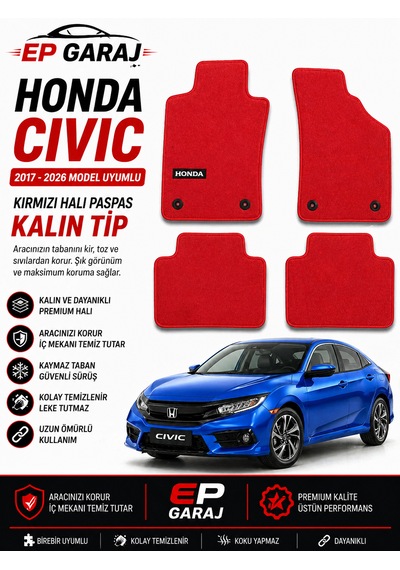 Honda Cıvıc 2017 2026 Uyumlu Kırmızı Halı Paspas Takımı Kalın Tip