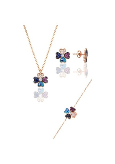 Gümüş Rose Mineli Yonca Modeli Üçlü Set