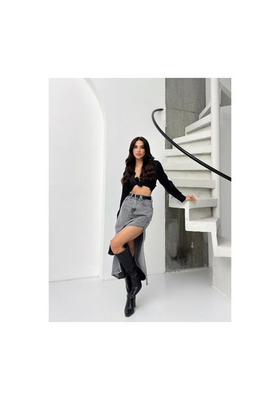Kene Jeans Yüksek Bel Uzun Kar Siyah Ön Parçalı Asimetrik Kot Etek Kar Siyah