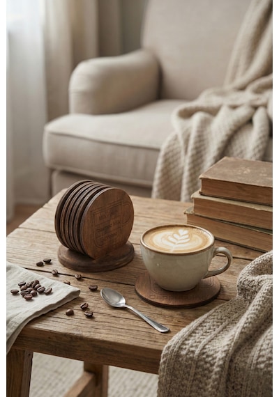 Kahve Temalı 6 Lı Ahşap Bardak Altlığı Seti Espresso/latte/cappuccino/mocha/americano/macchiato Koyu Çeviz