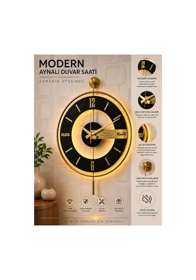 Pey Aksesuar Metal Camlı Duvar Saati 40x60 Cm Işıklı Gerçek Cam Duvar Saati Modern Tasarım Gold-şeffaf-siyah