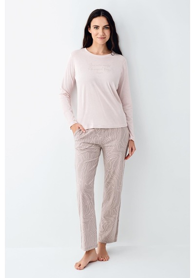 Pierre Cardin Paris Modal Pamuklu Kadın Pembe Desenli Uzun Kollu Pijama Takım Pembe