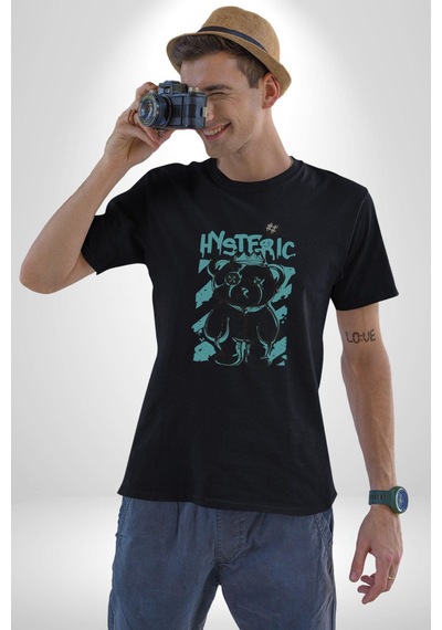 Histerik Unisex Unisex Siyah Organik Baskılı T-shirt Penye Yüksek Kalite Siyah