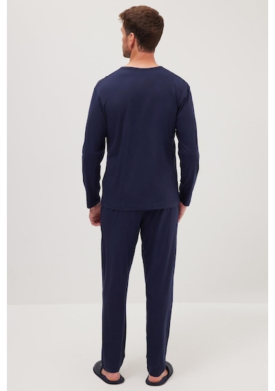 Tudors Erkek Standart Fit Normal Kesim %100 Pamuk Bisiklet Yaka Beli Lastikli Lacivert Pijama Takımı-37946 Lacivert