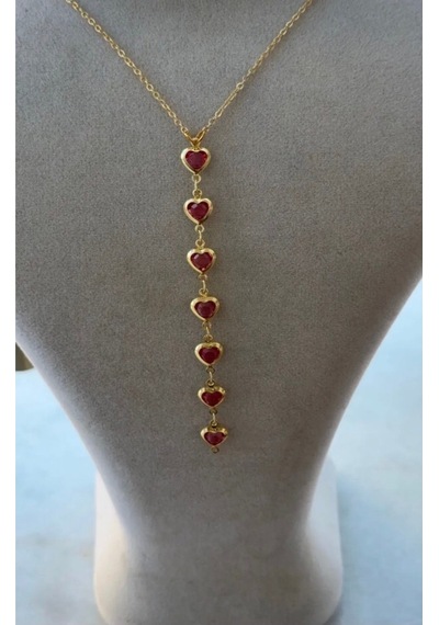 Kadın Gold Renk Zirkon Taşlı Kalpli Y Model Kolye 45 Cm Pembe