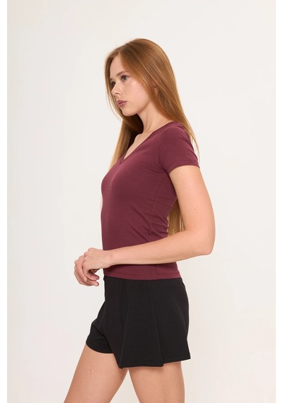 Zoor Ultra Soft Penye Modal V Yaka Kısa Kollu Bluz Bordo