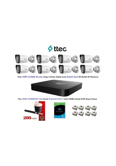 Ttec 2mp Mikrofonlu 8 Kameralı 1tb Disk Tak Çalıştır Hazır Ip Kamera Seti
