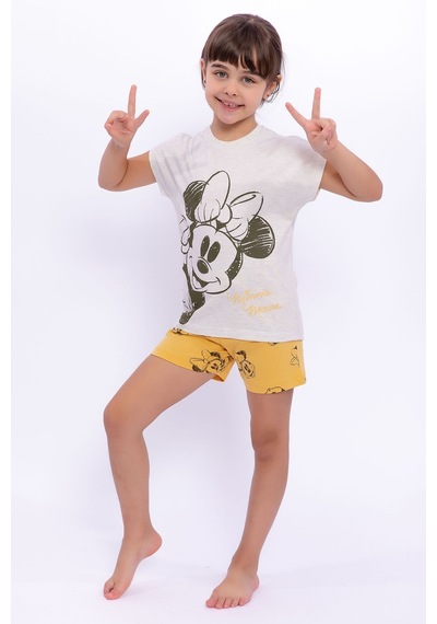 Minnie Mouse Lisanslı Kremmelanj Kız Çocuk Şort Takım 5274-28944 Bej Melanj