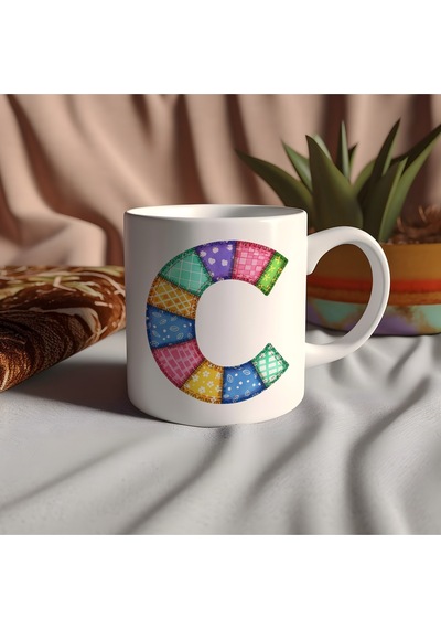 C Harfi Renkli Yamalı Tasarım Kupa Bardak - Bohem Patchwork Desenli Kupa - Etnik Hediyelik Beyaz