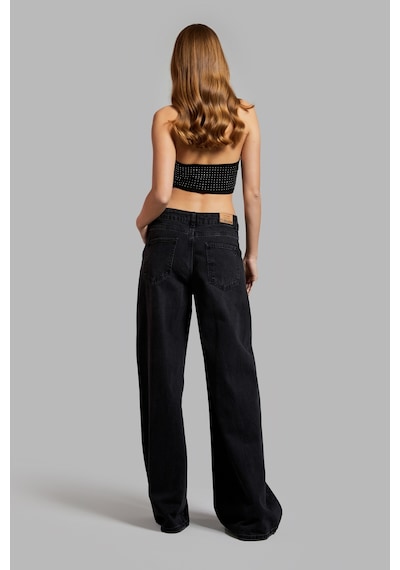 it's basic Kadın Koyu Füme Renk Palazzo Fit Parlak Taşlı Tasarım Denim Taşlı Füme