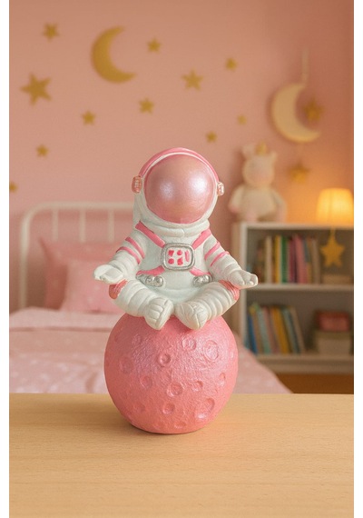 Momiko Uzay Temalı Meditasyon Yapan Beton Astronot Masaüstü Heykeli - Dekoratif Mini Figür Pink -