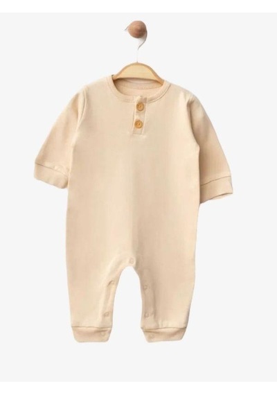 Zekids Erkek Bebek Düğmeli Bej Renk Organik Tulum-15510 Bej