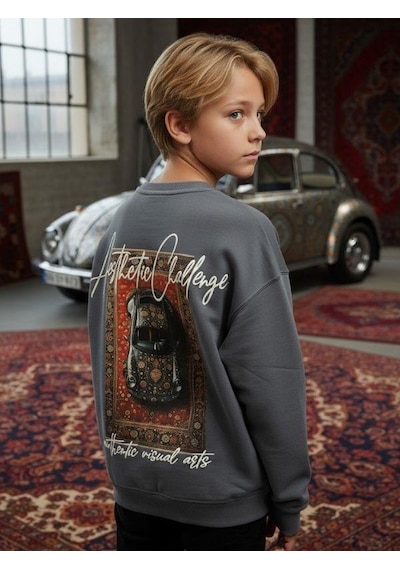 Zekids Erkek Çocuk Sırtı Araba Baskılı Tasarım Sweatshirt-16619 Füme
