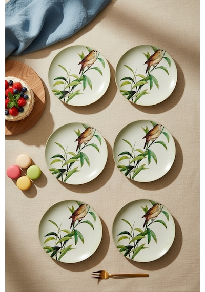 Grandora Kuş Desenli 20 Cm 6 Lı Pasta Ve Tatlı Tabağı Seti Yeşil Şık Seramik Sunum Tabakları Yeşil