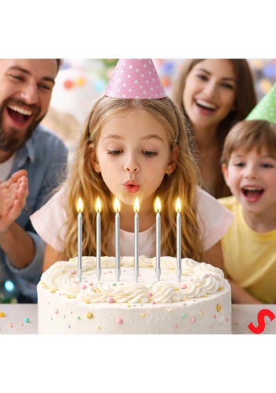 Metalik Gümüş İnce Uzun Pasta Mumu 19 Cm - 6 Adet