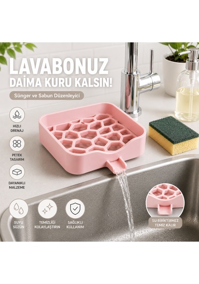 Lavabo Üstü Sünger Ve Sabun Düzenleyici Drenajlı Mutfak Lavabo Organizeri Petek Tasarımlı Pembe