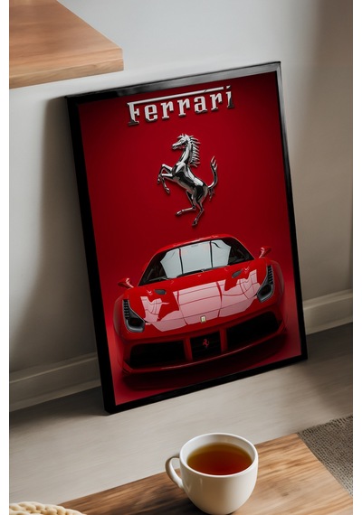 Ferrari 488 Gtb Siyah Ahşap Çerçeveli Poster, Dekoratif Araba Duvar Tablosu