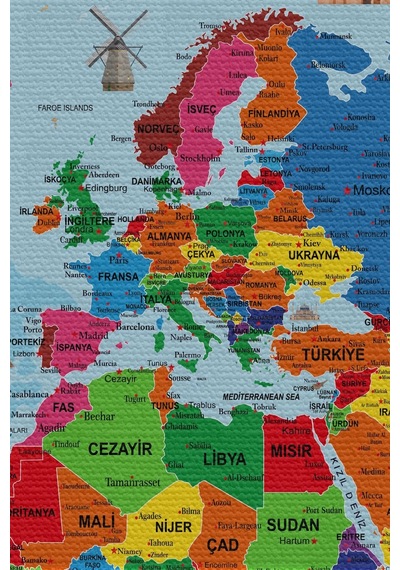 Duvar Örtüsü / Halısı Detaylı Güncel Türkçe Dünya Haritası Kaliteli Kanvas Kumaş-3971