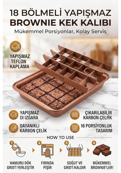 18 Bölmeli Yapışmaz Brownie Kek Kalıbı Çıkarılabilir Izgaralı Karbon Çelik Teflon Bölmeli Fırın Tepsisi Porsiyonluk Mini Kek Bar Kurabiye Hamur İşleri Kalıbı 723425 Çok Renkli