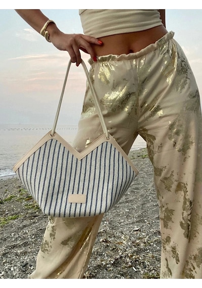 Glemix Joyce Mavi Çizgili Fular Detaylı Asimetrik Kadın Kol Ve Omuz Çantası Mavi Çizgili Kanvas