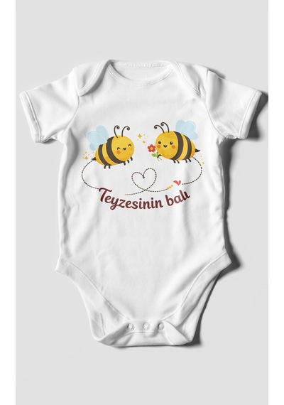 Morivokids Teyzesinin Balı Kısa Kollu Bebek Body %100 Pamuk Beyaz