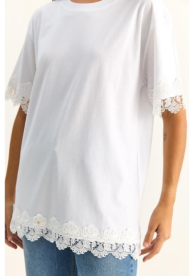 Shade Kadın Bisiklet Yaka Dantel Detaylı Oversize T-shirt 2134 60286120 - Beyaz