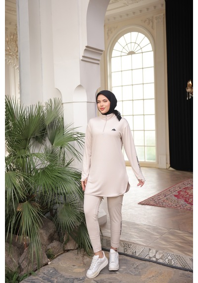 Mimi Luxury Wear Bej Kadın Fermuarlı Dalgıç Kumaş Standart Kalıp Jogger Eşofman Takımı 358