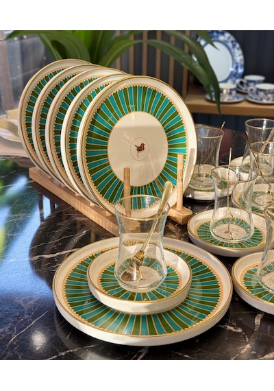 18 Parça Modern Piano Bird Green Pasta Çay Saati Seti-4347 Çok Renkli
