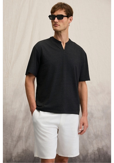 Grimelange Grımelange Tuomo Erkek Hakim Yaka Kısa Patlı Kısa Kollu Relaxed Fit Siyah T-shirt Siyah