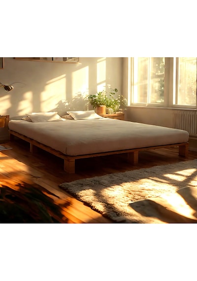 200cm X 200cm Masif Ahşap Platform Çift Kişilik Karyola Ceviz Renk 200x200 Cm