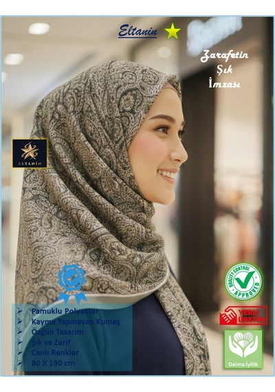 Eyfel Pamuklu Soft Özel Seri Şal Etnik & Çiçekli Desen, Orjinal, Tesettür Giyim, Yeni Koleksiyon Yeşil