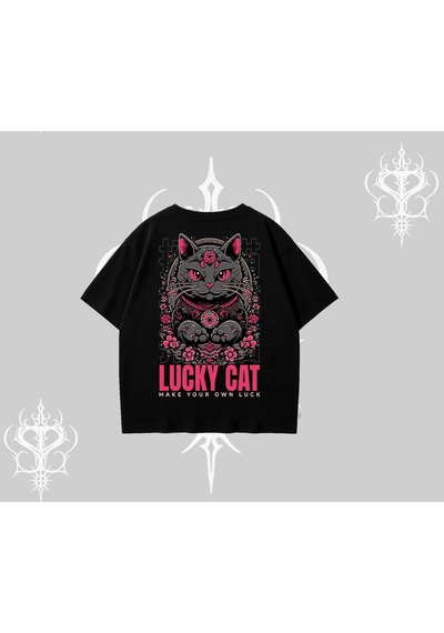Startmore Startmore Lucky Cat Japon Tarzı Kedi Baskılı Oversize Tshirt Siyah