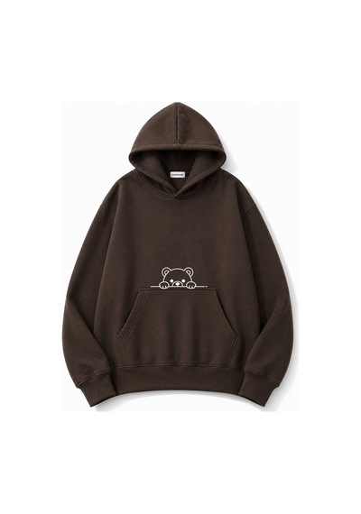 Herkesemoda Sevimli Ayı Baskı Detaylı Kapüşonlu 2 İplik Sweatshirt Kahverengi