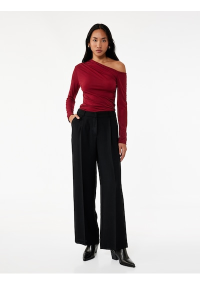 Koton Slim Fit Drape Detaylı Uzun Kollu Asimetrik Tek Omuz Tişört Bordo 6wak80016ek Bordo