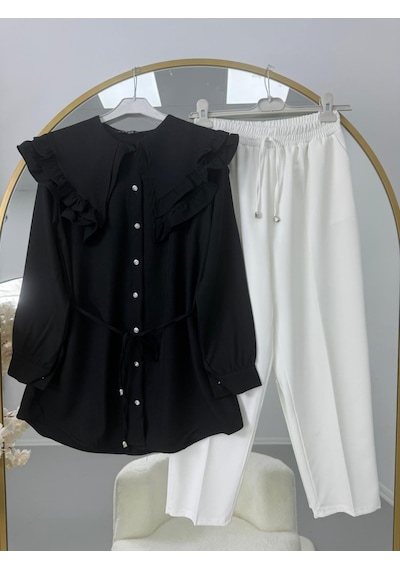 Lovie Moda Fırfır Yaka Bağcıklı Tunik Pantolonlu Takım Siyah