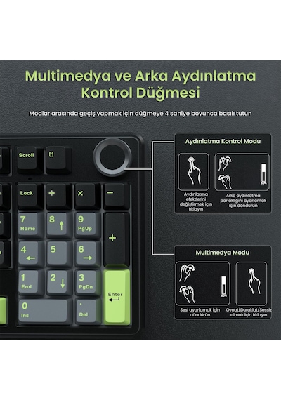 Aula F99 Pro 3 Modlu Rgb Hot Swap Mekanik Graywood V3 Switch Kablosuz Makrolu Klavye Yeşil
