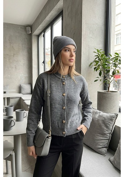 Sayzen Your Shine Trend Basic Kalp Düğmeli Kadın Hırka Gri