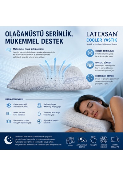 Lateksan Cooler Yastık Nefes Alabilir Hafızalı Klimalı Yastık Beyaz - Mavi