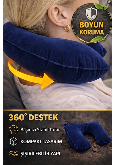 Lacivert Şişme Seyahat Boyun Yastığı Uçak Araç Kamp İçin Ergonomik Taşınabilir Travel Yastık