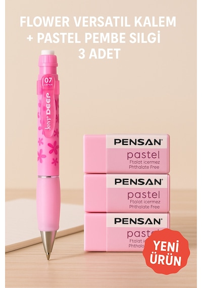 Flower Versatil Kalem + Pastel Pembe Silgi 3 Adet Flowers
