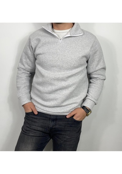 Yarım Fermuarlı Erkek Polar Sweatshirt - Sıcak Tutan , Rahat Kalıp Açık Gri