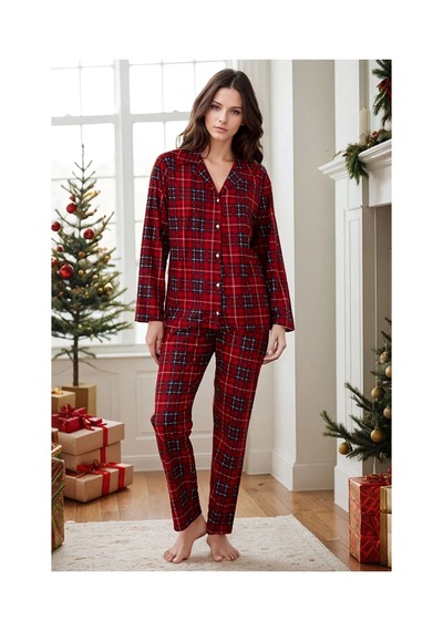 Burcumay Kadın Ekose Desenli Kışlık Düğmeli Süet Yeni Yıl Temalı Yılbaşı Pijama Takımı Bordo