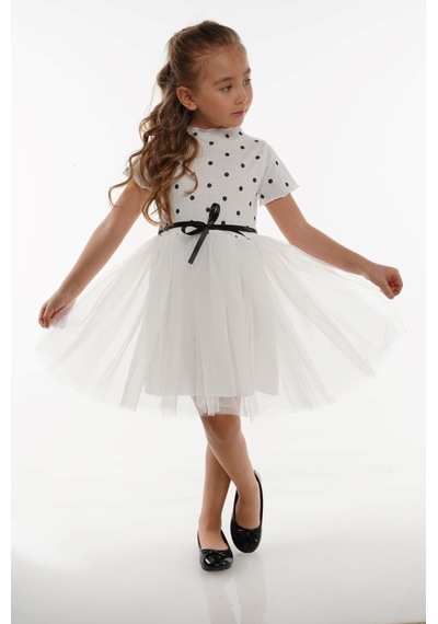 Mnk Baby & Kids Kısa Kol Kız Puantiyeli Tütülü Günlük Elbise Mnk0504 Beyaz