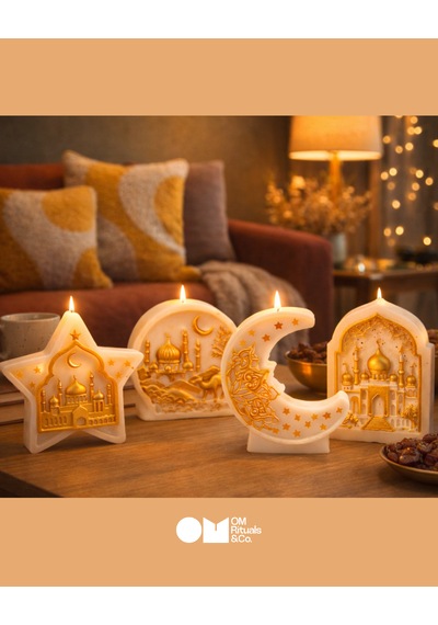 Ramazan Temalı Dekoratif Mum Seti Ay Yıldız Cami Figürlü El Yapımı Soya Wax Mum Altın - Beyaz